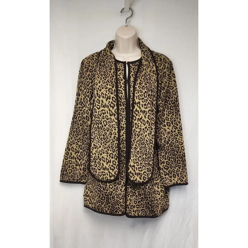 Nina Leonard Leopard Animal Print Matching Scarf Long Sleeve Cardigan Sweater M - Picture 4 of 11